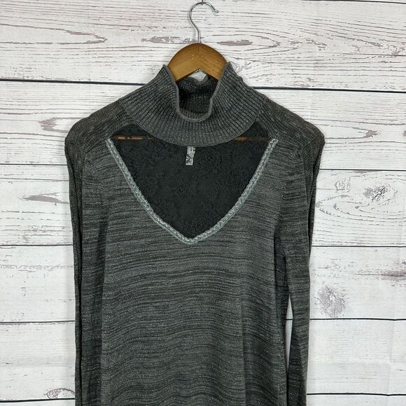 Free People Sweater Womens Medium Gray Lace Boho Fitted Long Sleeve - Picture 2 of 14